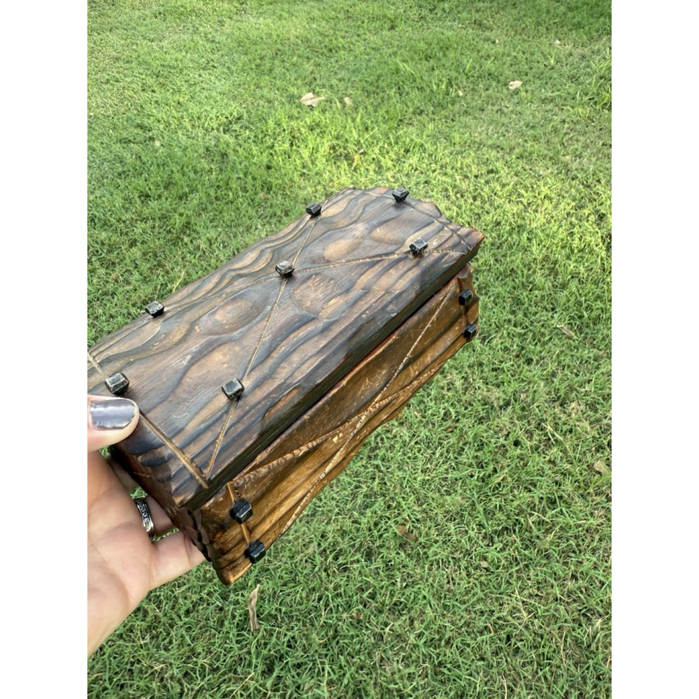 Vintage Wood Trinket Jewelry Box Hand Carved In Spain Small Wooden Chest Hinged